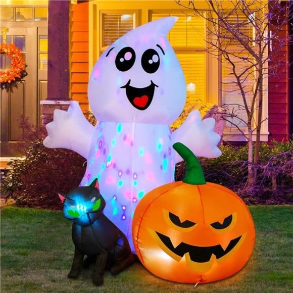 Halloween Inflatable 5FT Ghost with Black Cat and Pumpkin, Built-in LEDs Blow